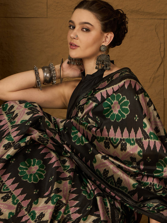 Black Bhagalpuri Ikkat Printed Saree