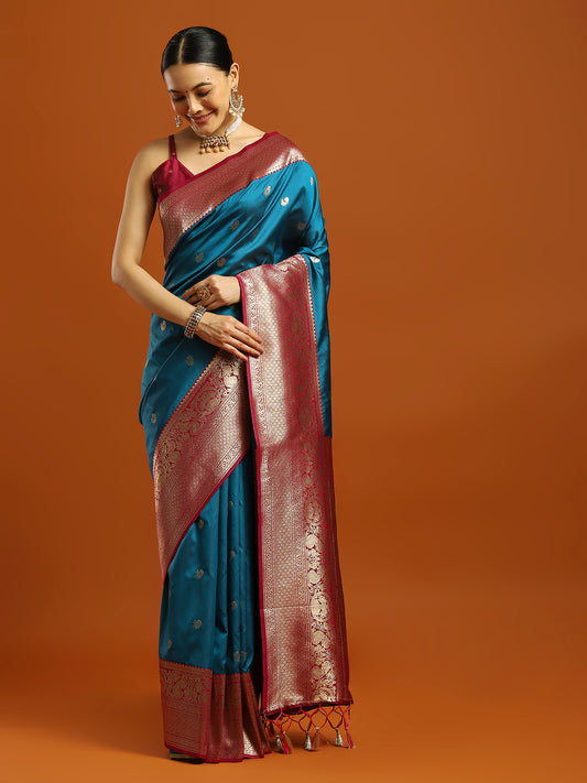 Heritage Teal and Mazenta Banarasi Silk Blend Saree