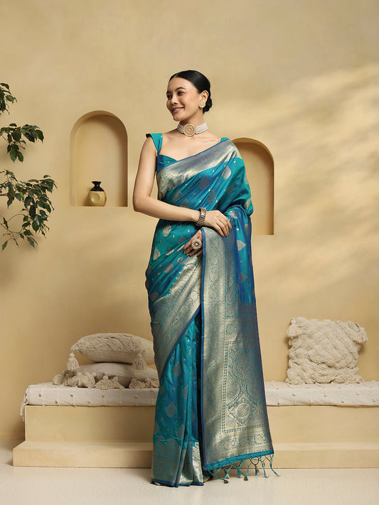 Teal Blue Banarasi Silk Saree with Silver Zari Weave