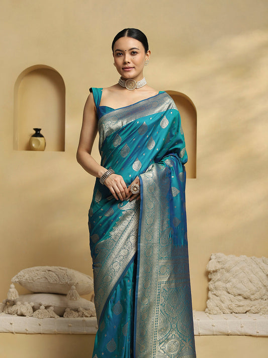 Teal Blue Banarasi Silk Saree with Silver Zari Weave