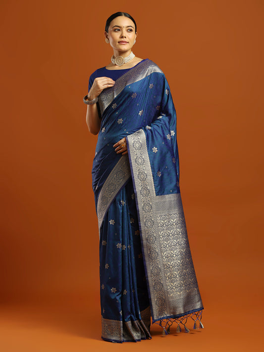 Royal Navy Blue Banarasi Silk Blend Saree