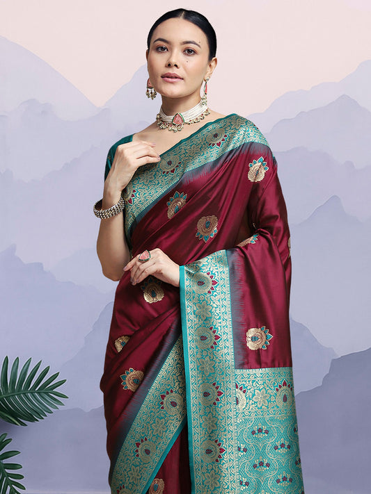 Wine Banarasi Silk with Teal Zari Border Saree