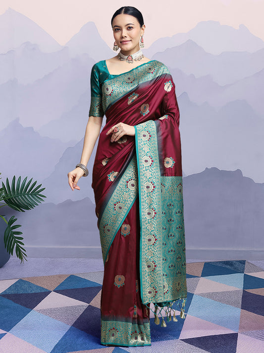 Wine Banarasi Silk with Teal Zari Border Saree