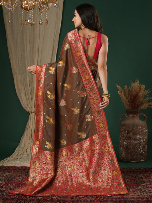 Coffee Brown & Red Banarasi Silk Blend