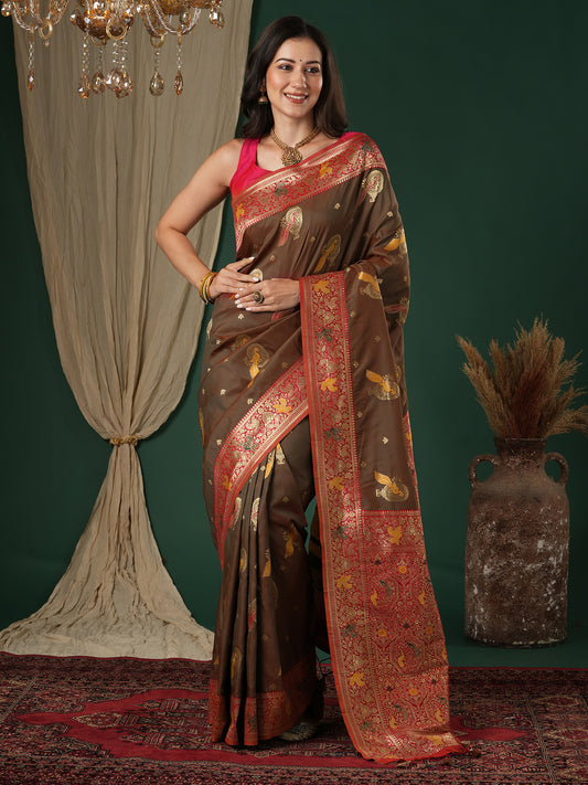 Coffee Brown & Red Banarasi Silk Blend