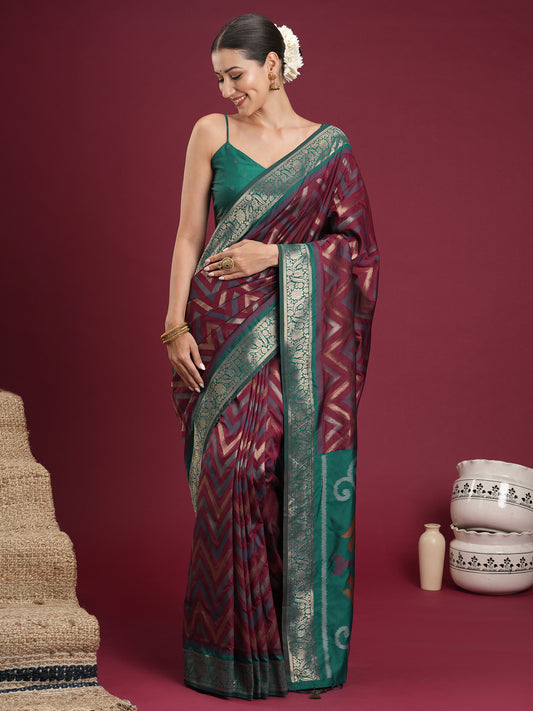 Wine & Teal Banarasi Silk Blend Saree