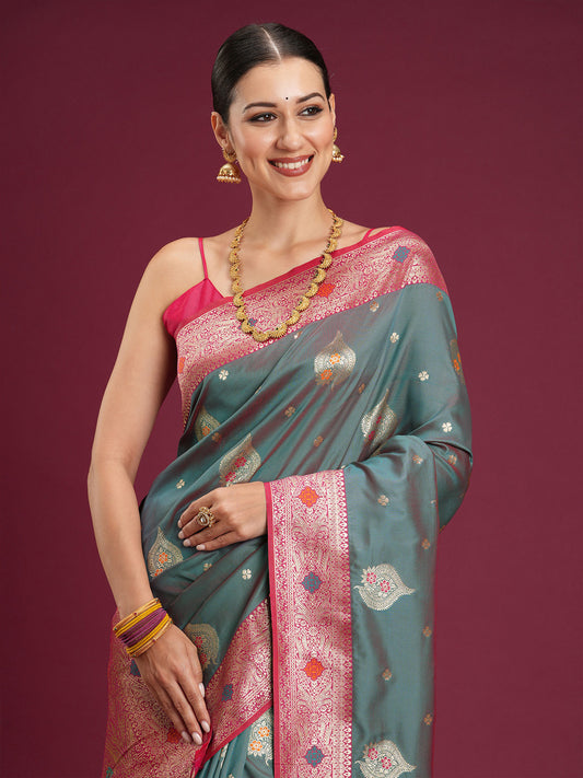 Sea Green Soft Silk Banarasi Saree