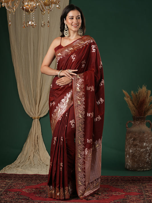 Maroon Banarasi Silk Blend Saree