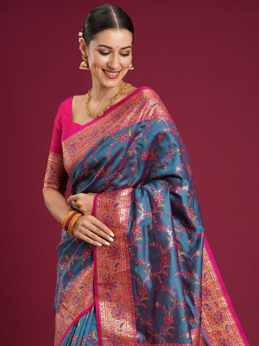 Blue Silk Saree with Floral Jaal