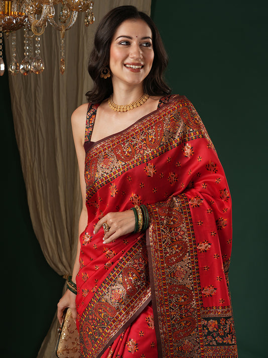 Red Silk Saree with Paisley Border