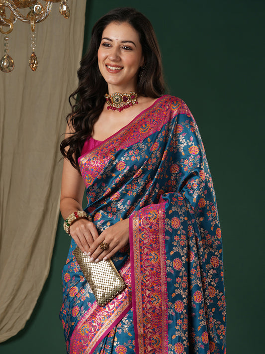 Teal Blue Soft Silk Banarasi Saree