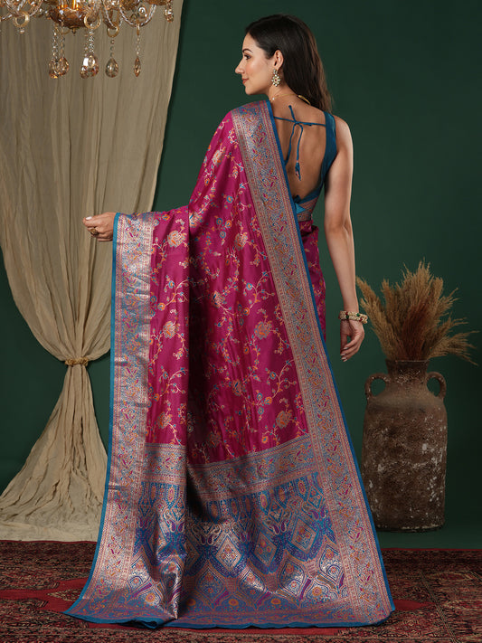 Magenta Silk Saree with Floral Jaal