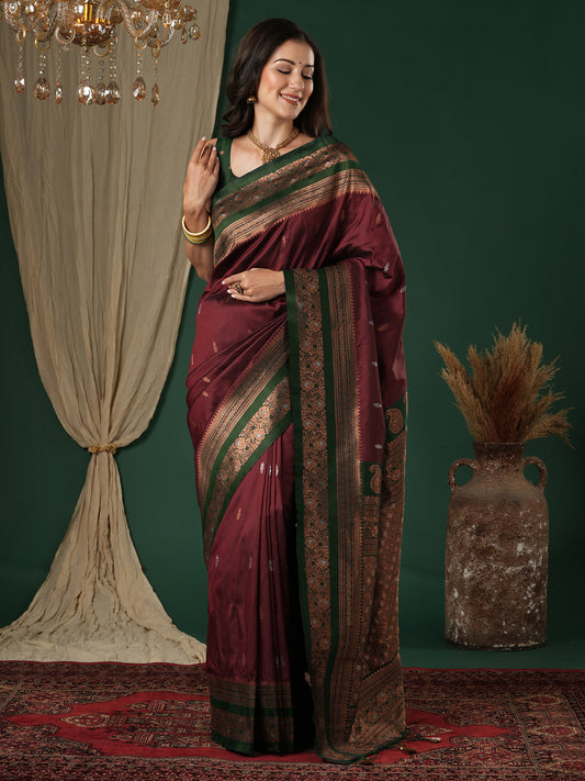 Wine Red & Emerald Green Banarasi Silk Zari Weaving Saree