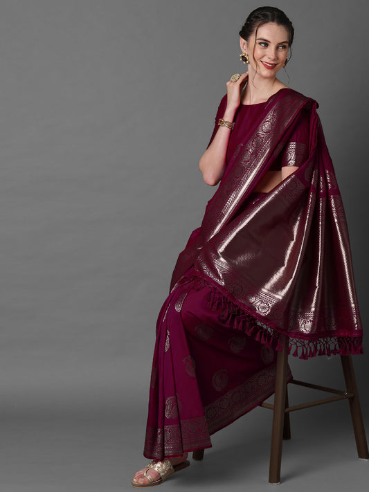 Deep Wine-Burgundy Banarasi Silk Saree