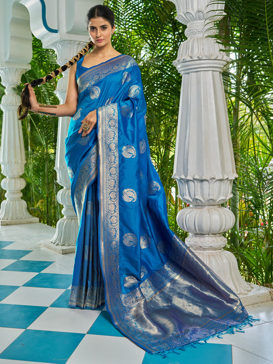 Teal Blue Banarasi Silk Saree with Large Paisley Booties