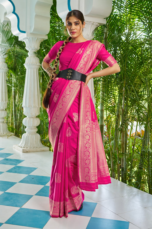 Hot Pink Banarasi Silk Saree with Gold Zari Butties