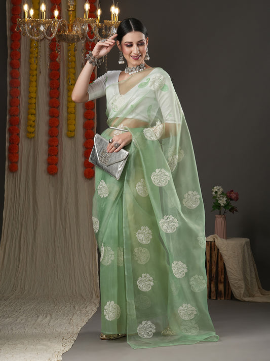 Mint Green Organza Saree with Zari Paisley Booties