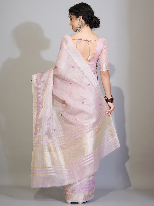 Baby Pink Tissue Silk Saree with Zari Stripes