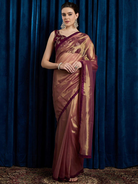 Burgandy Supernet Saree with Gold Zari