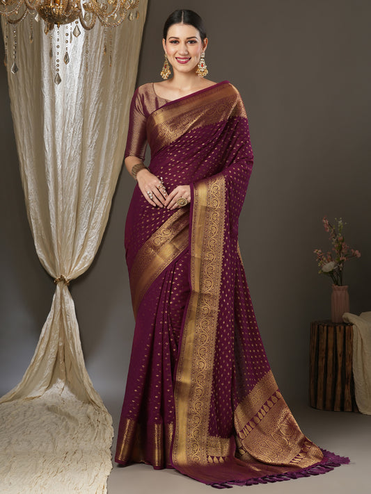 Wine Georgette Zari Woven Saree
