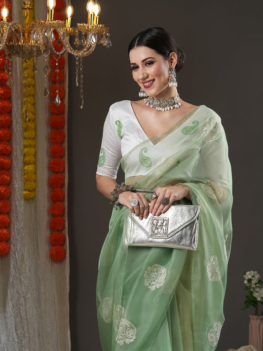 Mint Green Organza Saree with Zari Paisley Booties