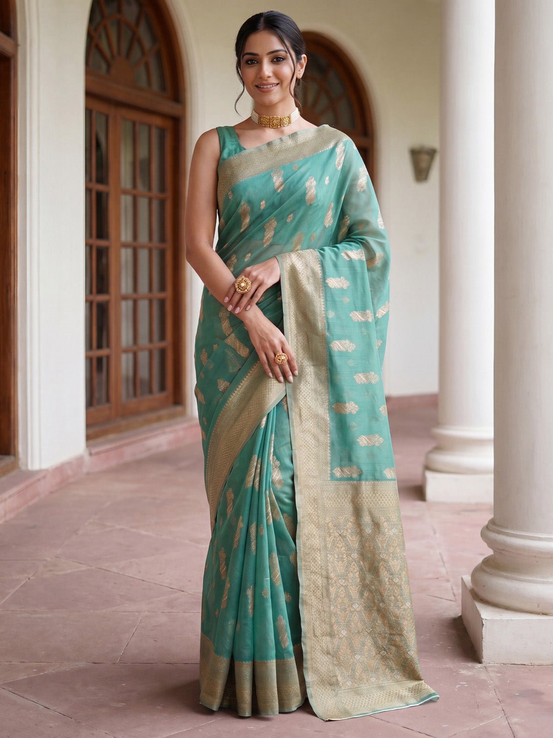 Sea Green Soft Silk Jacquard Woven Saree - Ressa