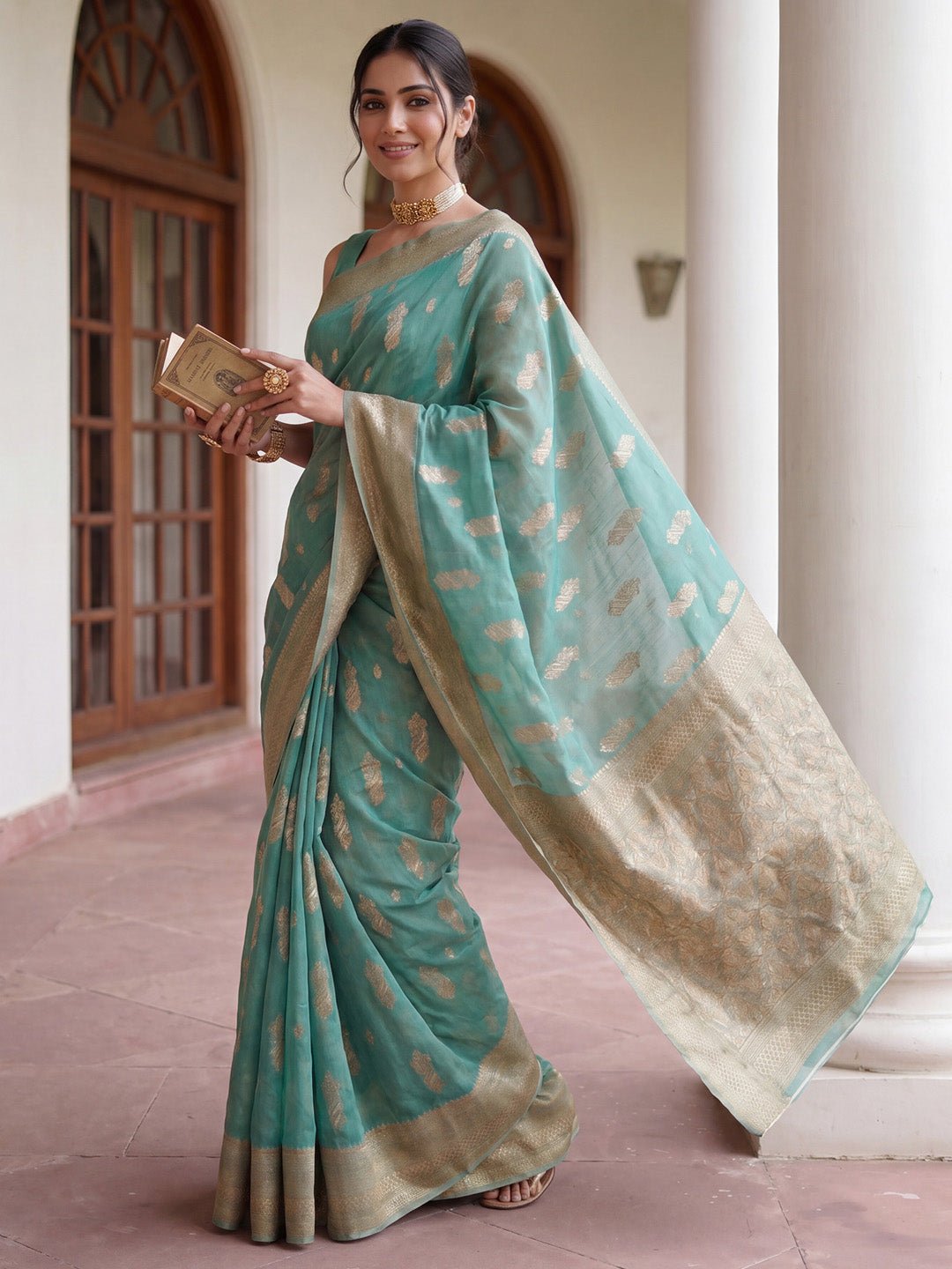 Sea Green Soft Silk Jacquard Woven Saree - Ressa