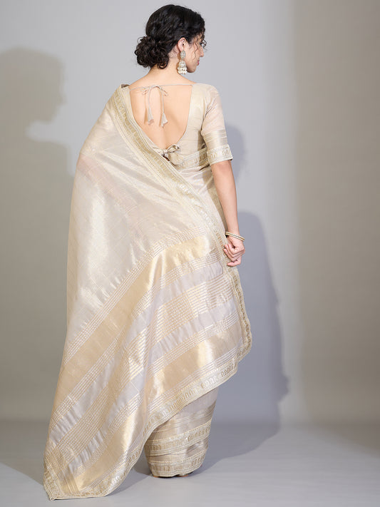 Silver Grey Tissue Silk Saree with Zari Stripes