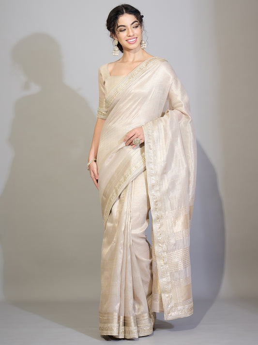 Silver Grey Tissue Silk Saree with Zari Stripes