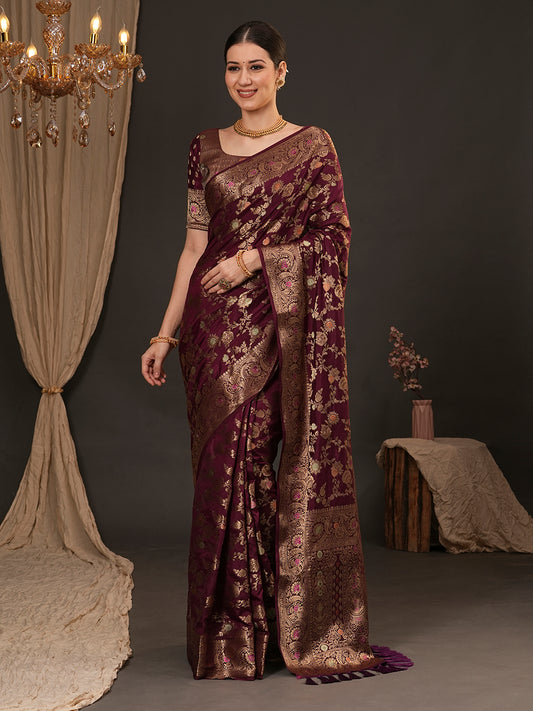 Wine Silk Blend Banarasi Style Saree