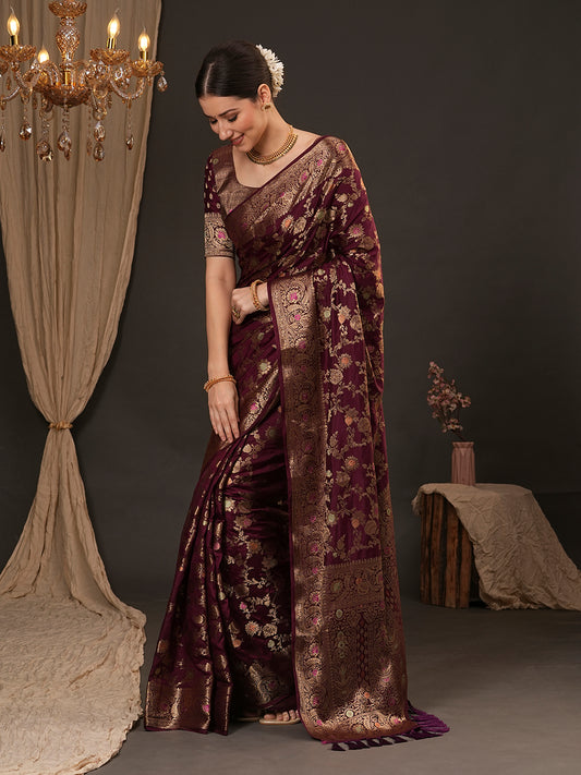 Wine Silk Blend Banarasi Style Saree