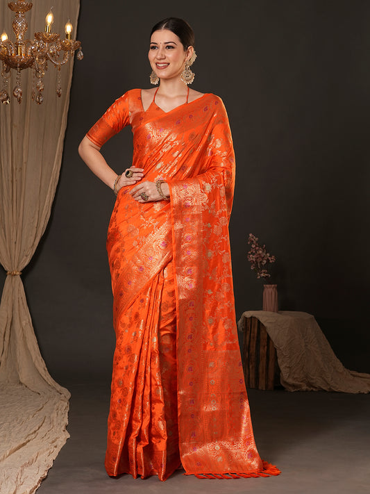 Vibrant Orange  Silk Banarasi Zari Weaving Saree