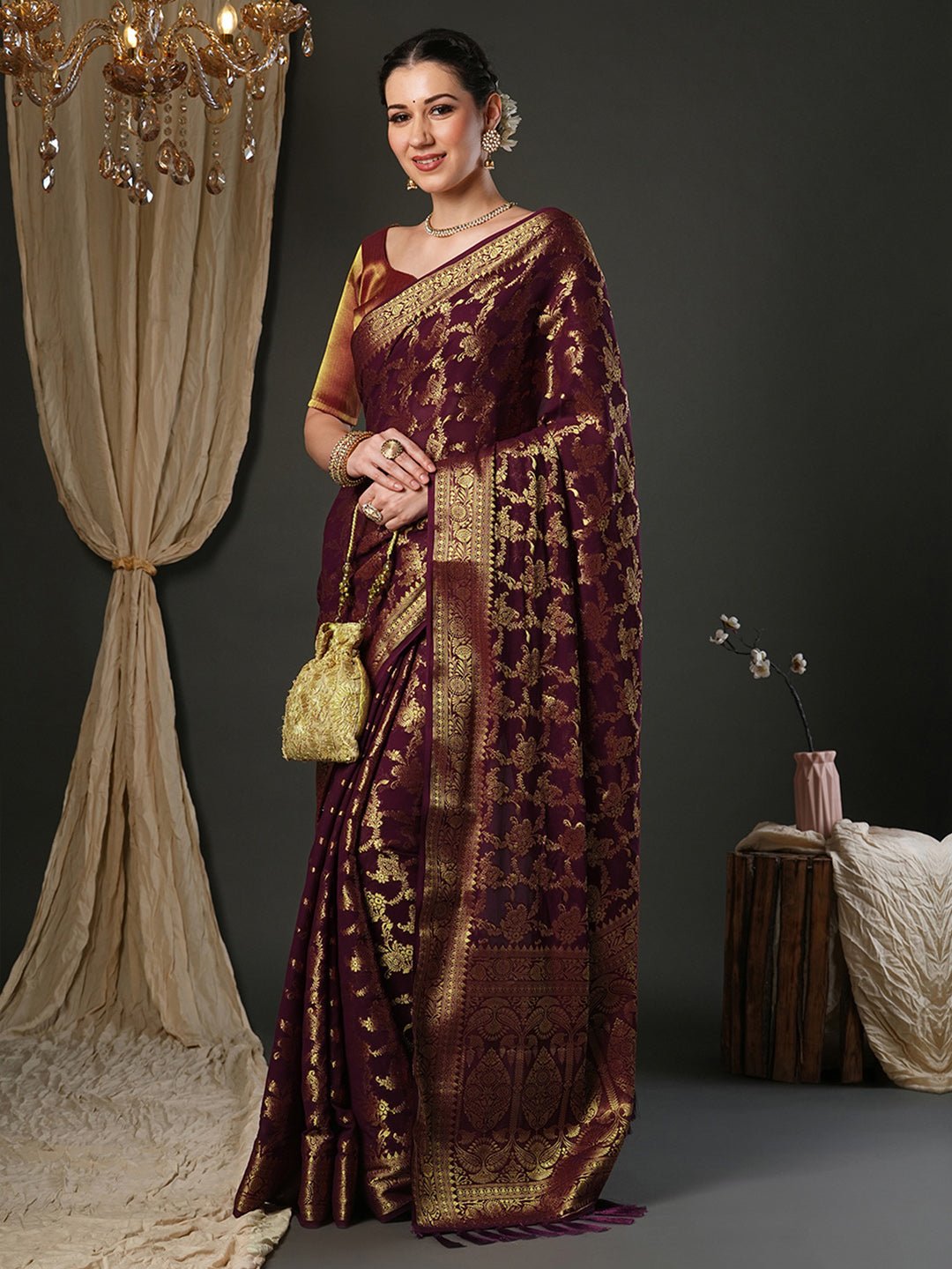 Maroon Georgette Banarasi Silk Saree - Ressa