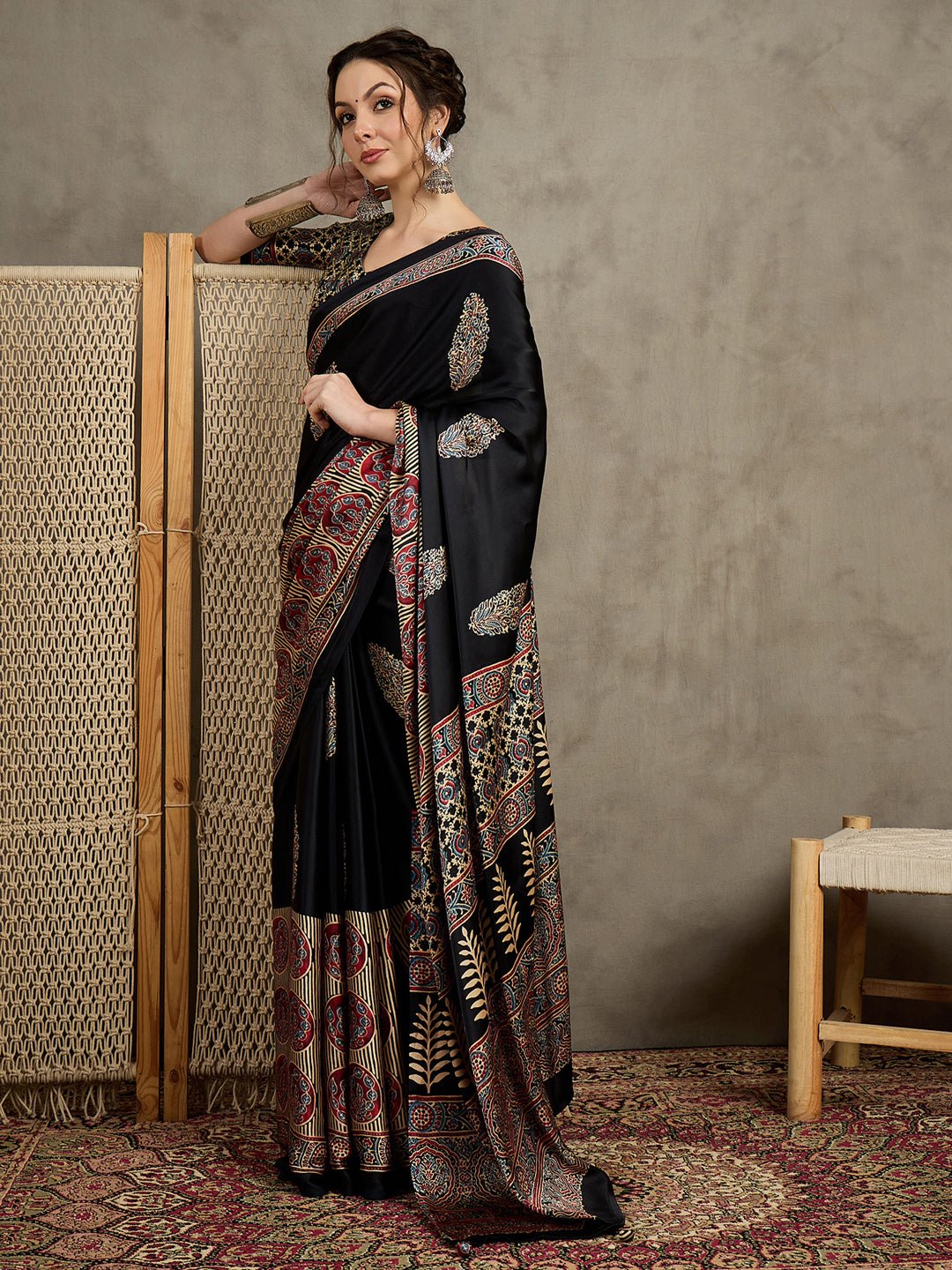 Black Crepe Block Printed Saree - Ressa