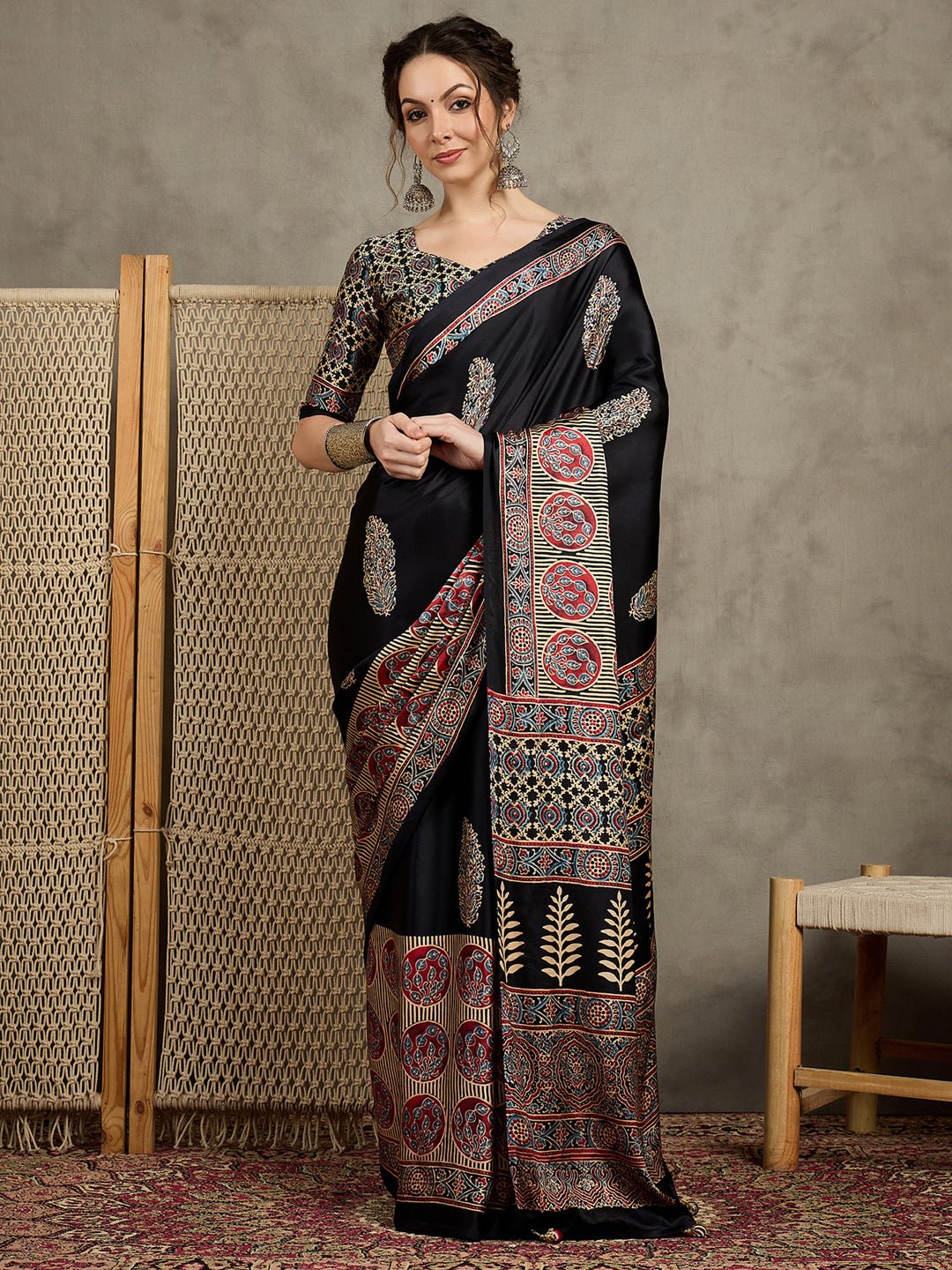 Black Crepe Block Printed Saree - Ressa