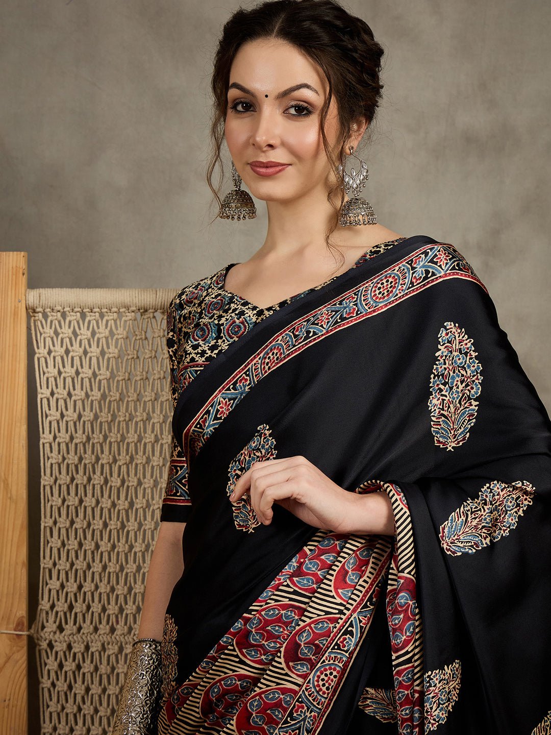 Black Crepe Block Printed Saree - Ressa