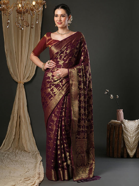 Maroon Georgette Banarasi Silk Saree - Ressa
