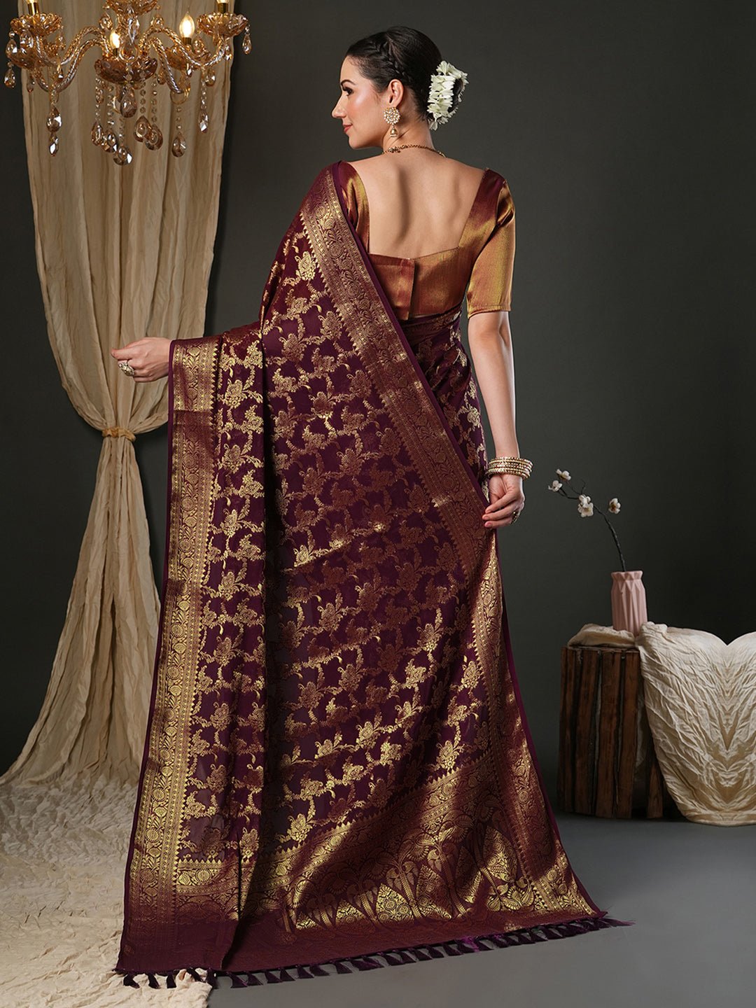 Maroon Georgette Banarasi Silk Saree - Ressa