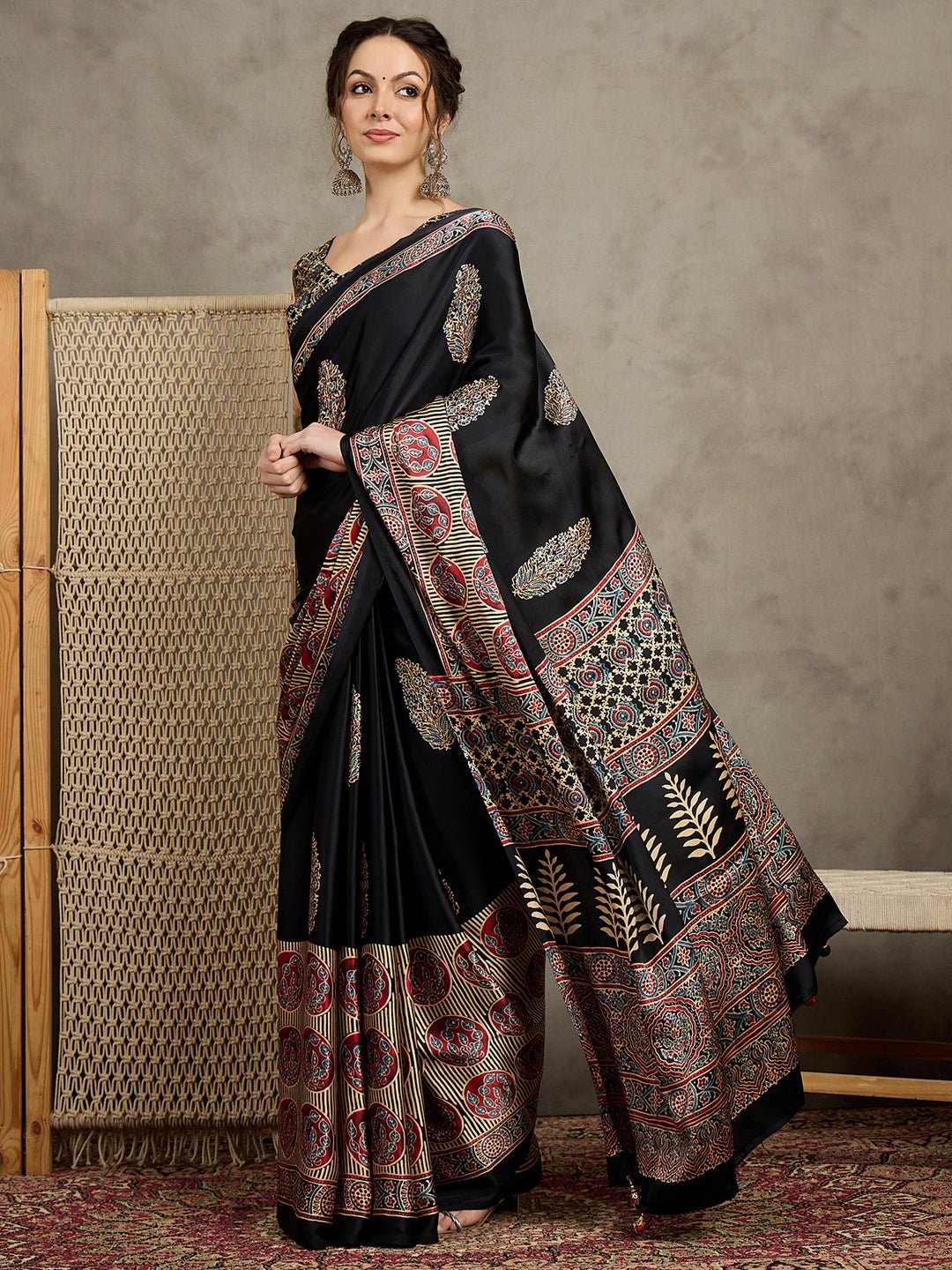 Black Crepe Block Printed Saree - Ressa