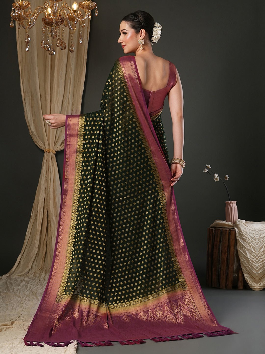 Green Georgette Banarasi Silk Saree - Ressa