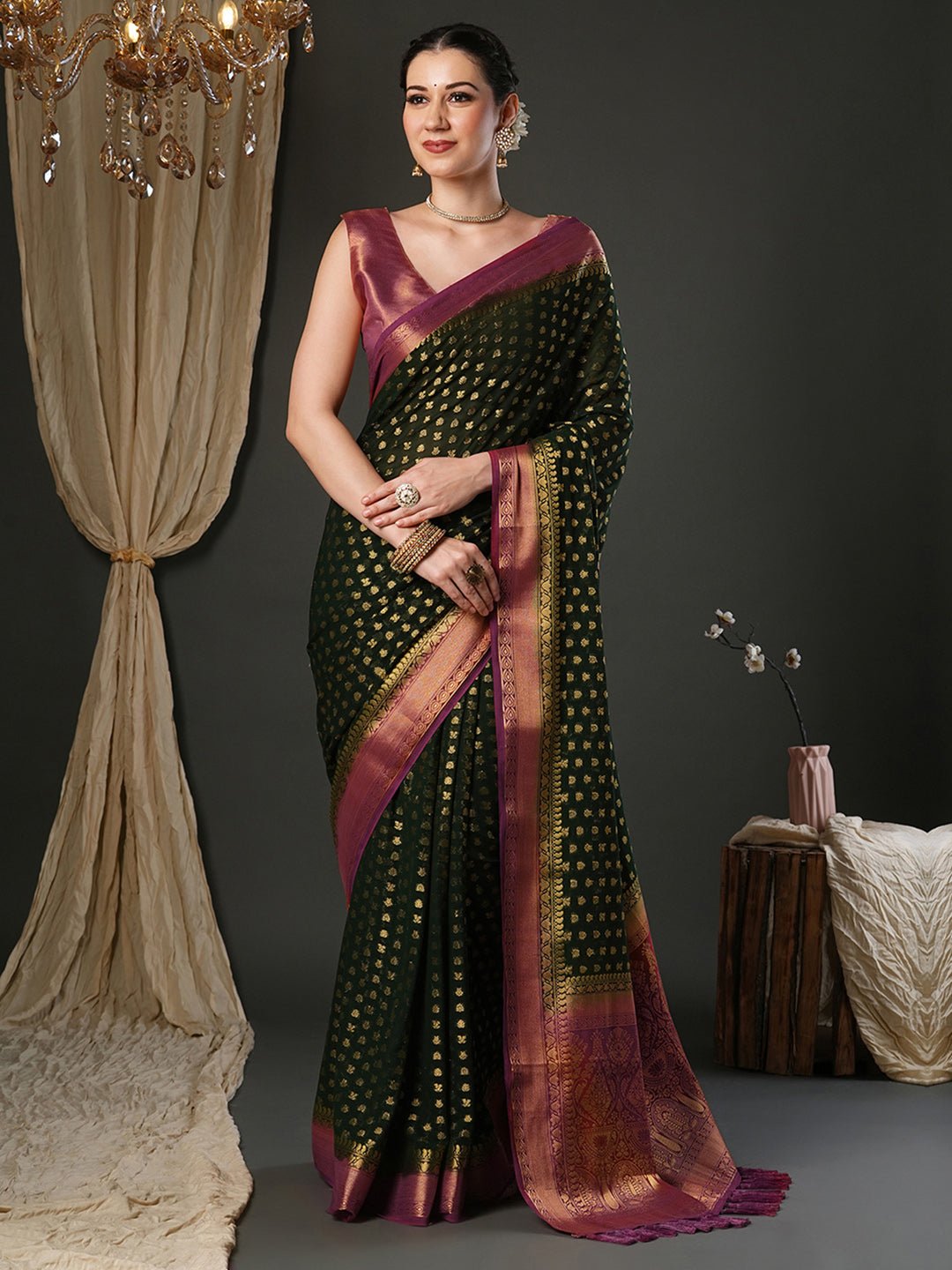 Green Georgette Banarasi Silk Saree - Ressa