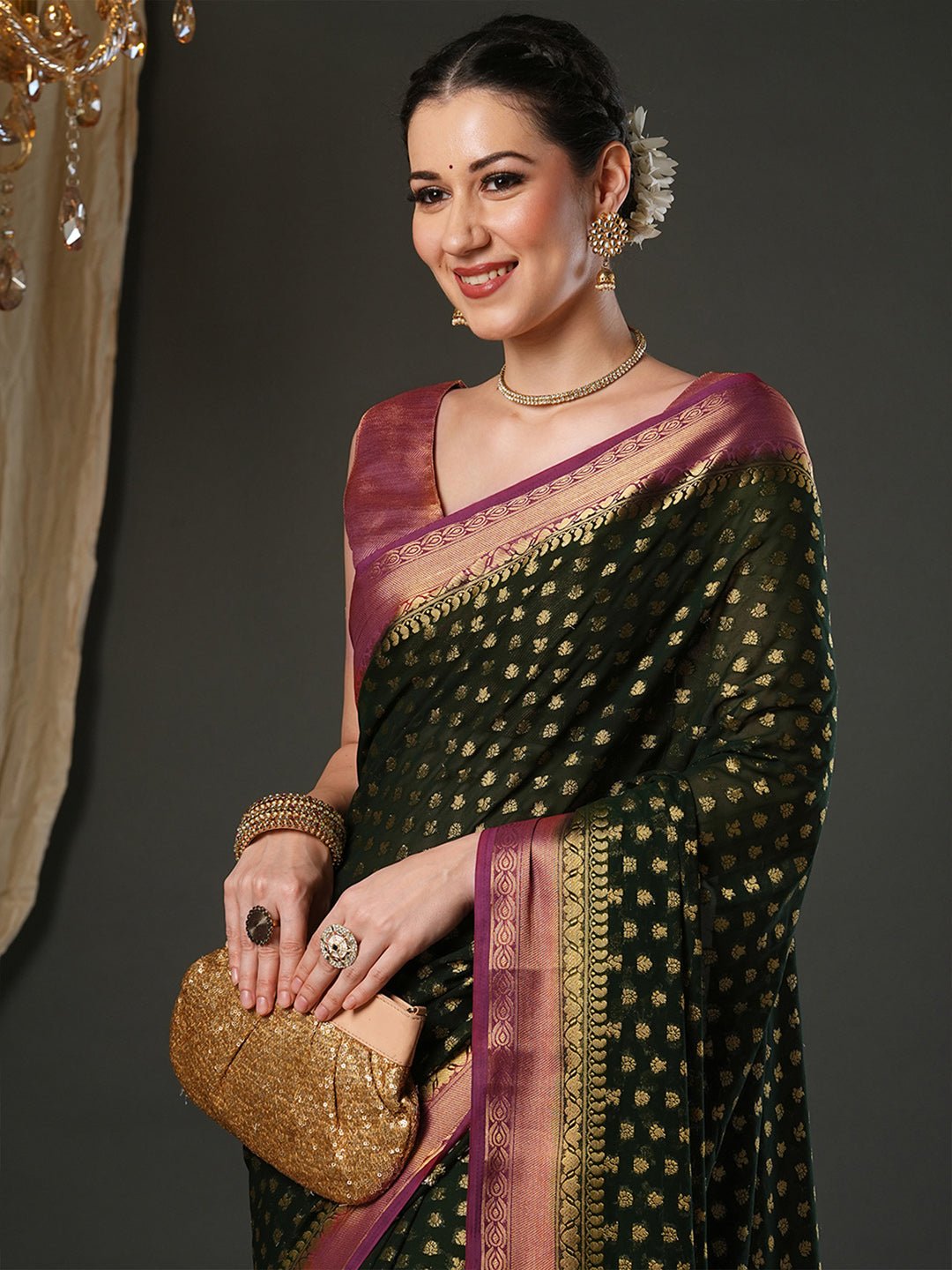 Green Georgette Banarasi Silk Saree - Ressa