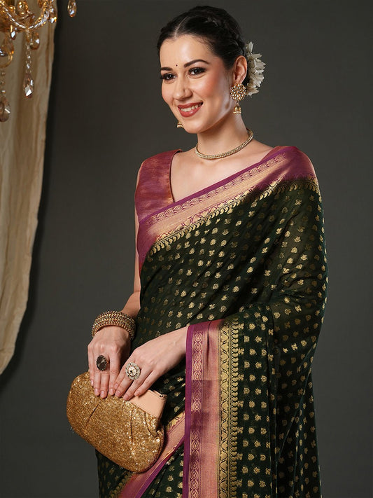 Green Georgette Banarasi Silk Saree - Ressa