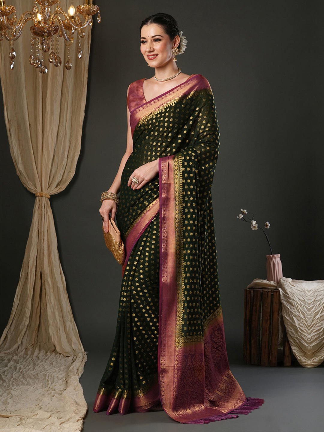 Green Georgette Banarasi Silk Saree - Ressa
