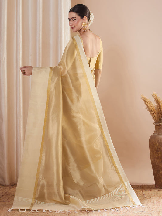 Cream Zari Woven Silk Blend Saree with Gold Border