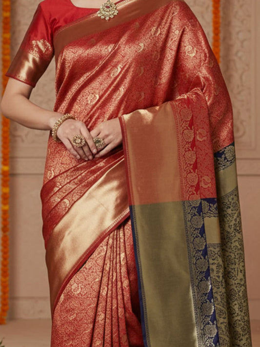 Red Banarasi Silk Saree with Gold Zari Weave