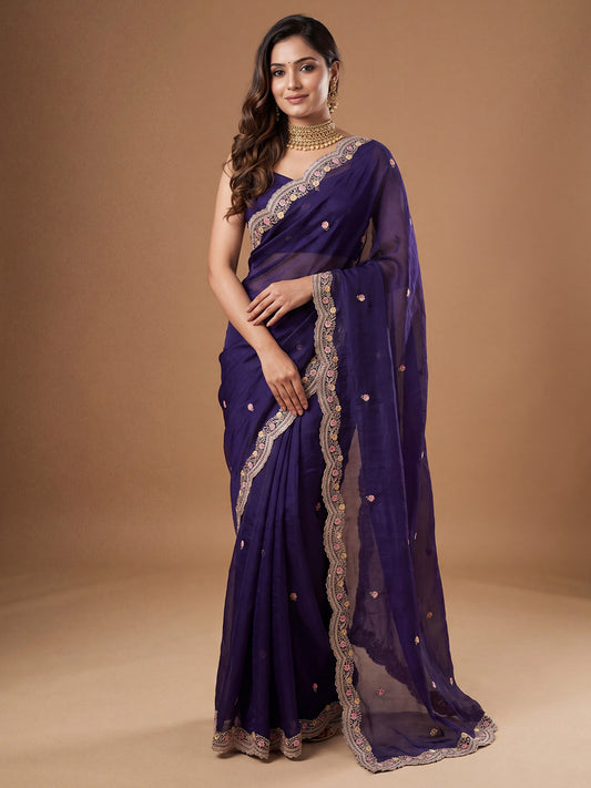 Deep Purple satin Embroidered Saree