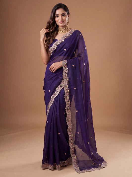 Deep Purple satin Embroidered Saree