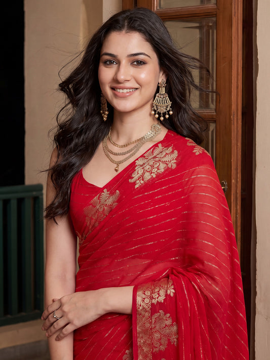 Red Banarasi Woven Silk Blend Gold Zari Leheriya &amp; Floral Motifs&nbsp; Saree