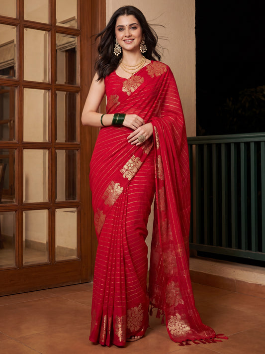 Red Banarasi Woven Silk Blend Gold Zari Leheriya &amp; Floral Motifs&nbsp; Saree